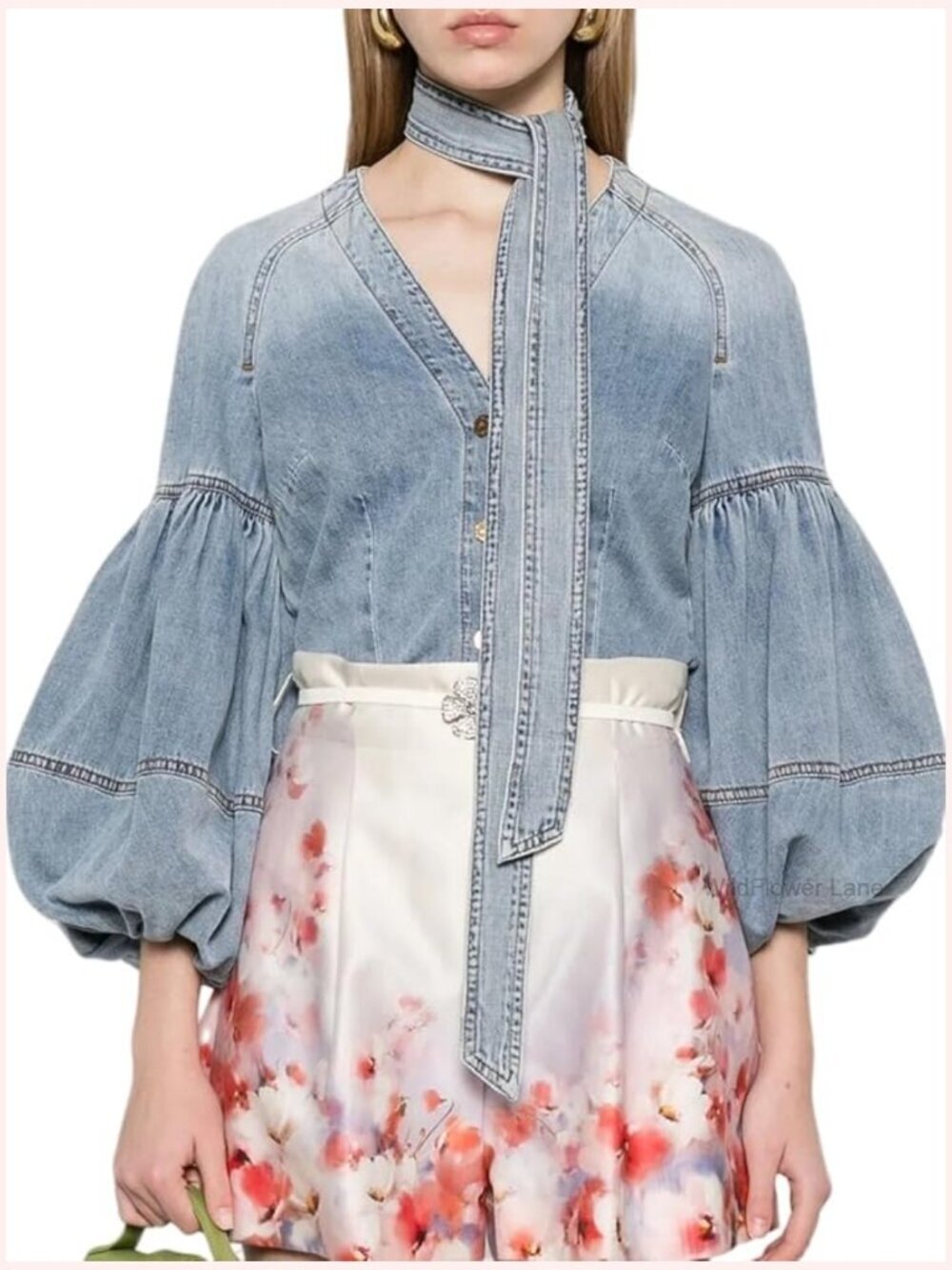 V-Neck Button Down Denim Shirt with Tie Front
